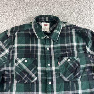 Levi's Shirt Mens Medium Green White Plaid Flannel Button‎ Up Outdoors Casual
